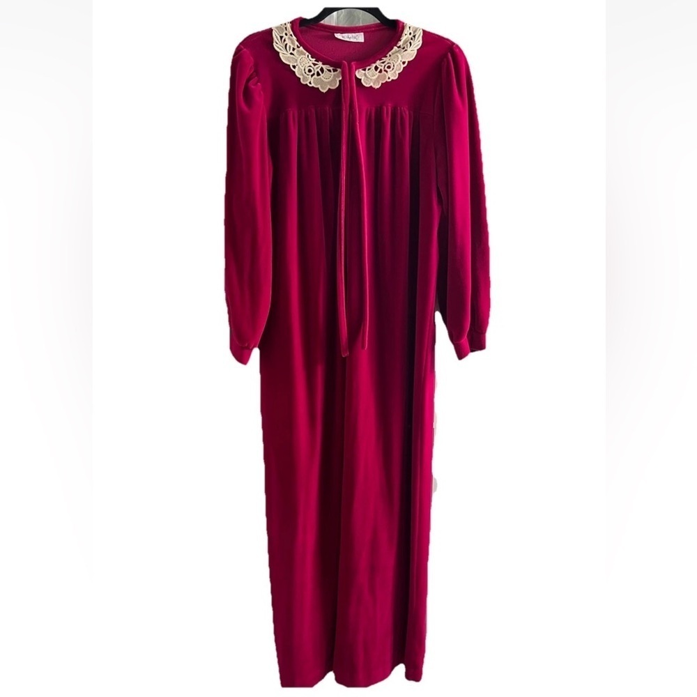 Vintage 80s Komar Velour Robe Womens M Pink Lace Collar Half Zip USA